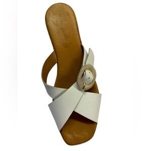Mila Pauli Leather White Crisscross Gold Tone Buckle Cork Platform Wedge Sandal
